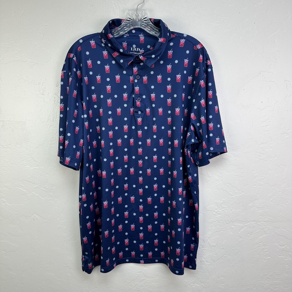 LRD Performance Polo Shirt Mens XL Navy Blue All Over‎ Print Golf Drinks Stretch
